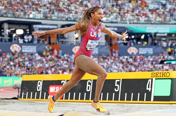 Tara Davis-Woodhall USA celebrates Long Jump World Athletics Budapest 2023