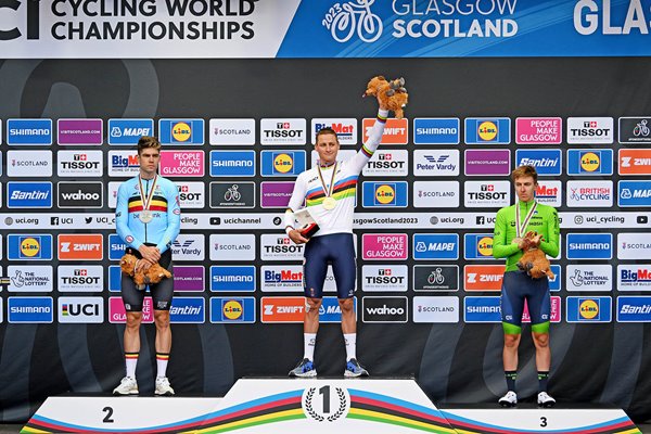 Wout Van Aert, Mathieu Van Der Poel & Tadej Pogacar Superstar Podium Worlds Glasgow 2023 