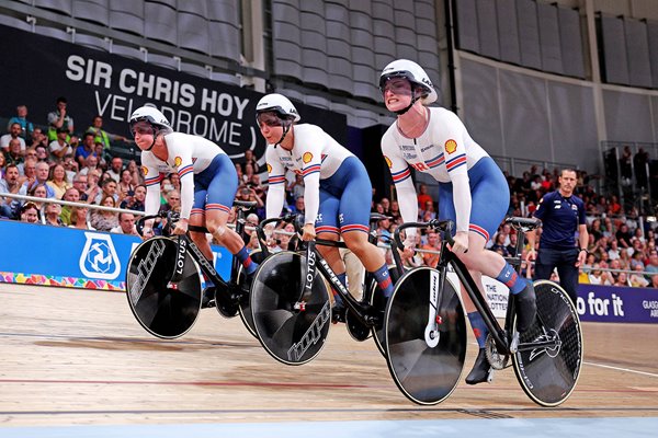 Lauren Bell, Sophie Capewell & Emma Finucane Elite Team Sprint Start Cycling Worlds Glasgow 2023  