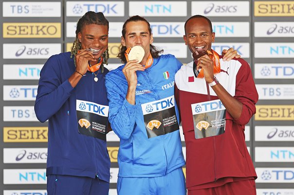 Juvaughn Harrison, Gianmarco Tamberi & Mutaz Essa Barshim High Jump Podium Worlds Budapest 2023