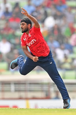 Rehan Ahmed England bowls v Bangladesh T20 International Mirpur 2023