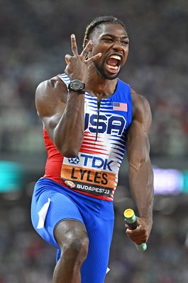 Noah Lyles USA celebrates 100m Relay Gold World Athletics Budapest 2023