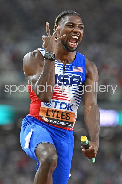 Noah Lyles USA celebrates 100m Relay Gold World Athletics Budapest 2023