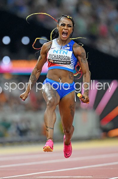 Sha'Carri Richardson USA wins World 100m Relay Gold Budapest 2023