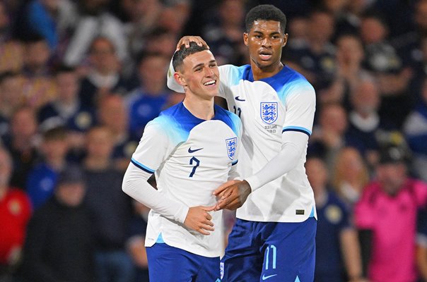 Marcus Rashford & Phil Foden celebrate England goal v Scotland Glasgow 2023