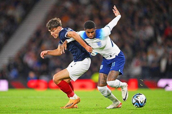 Marcus Rashford England v Aaron Hickey Scotland Heritage Match Glasgow 2023