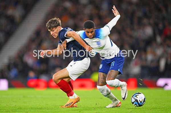 Marcus Rashford England v Aaron Hickey Scotland Heritage Match Glasgow 2023