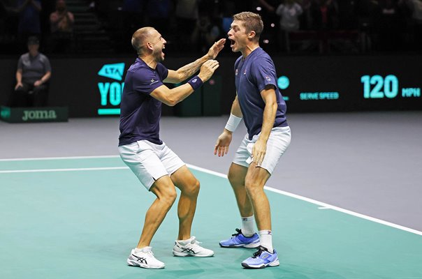Daniel Evans & Neal Skupski celebrate win v France Davis Cup Manchester 2023  