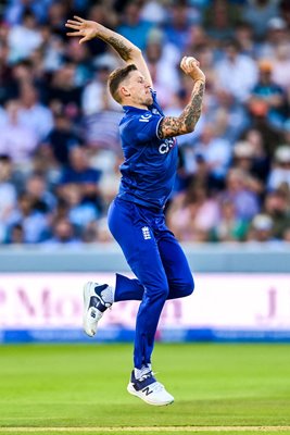 Brydon Carse of England bowls v New Zealand ODI Lord's 2023