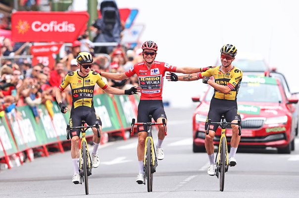 Jonas Vingegaard, Sepp Kuss & Primoz Roglic celebrate Stage 20 Vuelta 2023