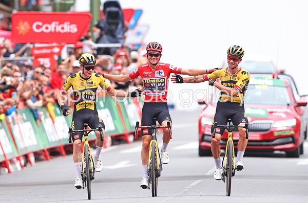 Jonas Vingegaard, Sepp Kuss & Primoz Roglic celebrate Stage 20 Vuelta 2023
