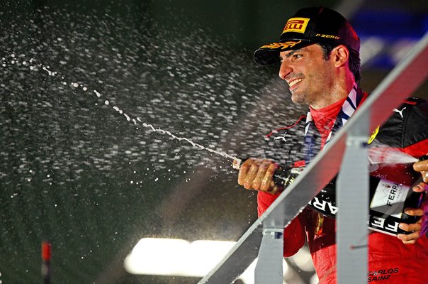 Carlos Sainz Spain & Ferrari celebrates Singapore F1 Grand Prix victory 2023