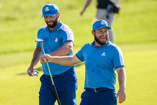 Jon Rahm & Tyrrell Hatton Europe celebrate Day 1 Foursomes Ryder Cup 2023