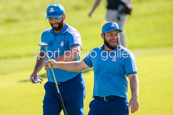 Jon Rahm & Tyrrell Hatton Europe celebrate Day 1 Foursomes Ryder Cup 2023