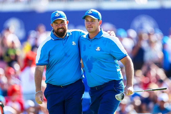 Shane Lowry & Sepp Straka Europe celebrate Day 1 Foursomes Ryder Cup 2023