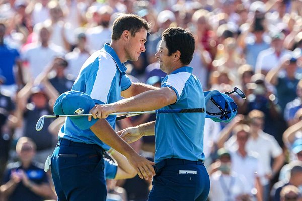 Ludvig Aberg & Viktor Hovland Europe celebrate Day 1 Foursomes Ryder Cup 2023