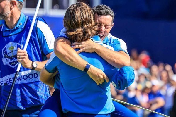 Rory McIlroy & Tommy Fleetwood celebrate Day 1 Foursomes win Ryder Cup 2023