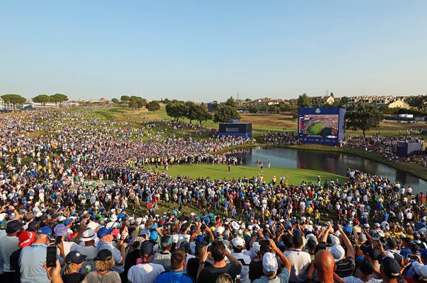 European fans celebrate Ryder Cup win 18th Green Marco Simone Golf Club 2023