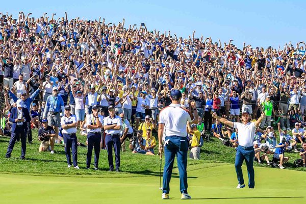 Tommy Fleetwood & Rory McIlroy celebrate Day 2 Foursomes Ryder Cup 2023