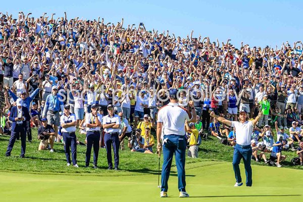 Tommy Fleetwood & Rory McIlroy celebrate Day 2 Foursomes Ryder Cup 2023