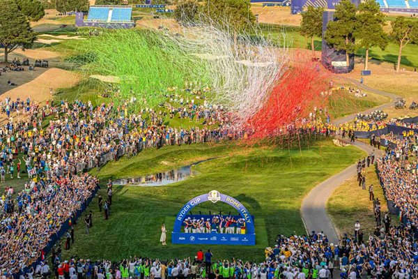 Europe Captain Luke Donald lifts the trophy Ryder Cup Marco Simone GC 2023