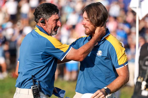 Tommy Fleetwood Europe celebrates winning point with Jose Maria Olazabal Rome 2023