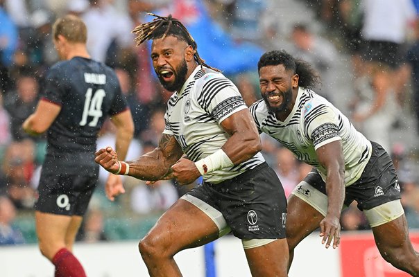 Waisea Nayacalevu Fiji celebrates try v England Summer International 2023