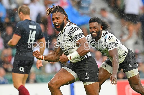 Waisea Nayacalevu Fiji celebrates try v England Summer International 2023