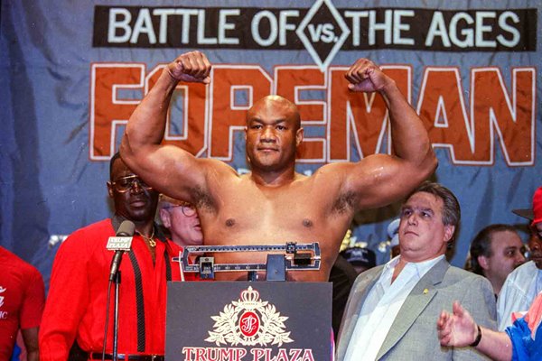 George Foreman weighs in v Evander Holyfield Atlantic City New Jersey 1991