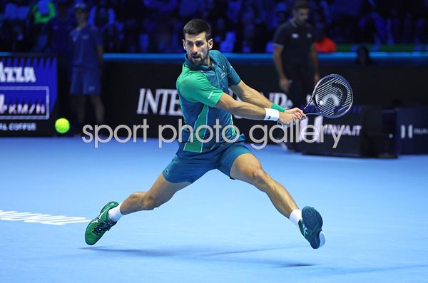 Novak Djokovic Serbia backhand v Jannik Sinner Italy ATP Finals Turin 2023