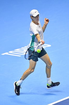 Jannik Sinner Italy forehand v Novak Djokovic ATP Finals Turin 2023