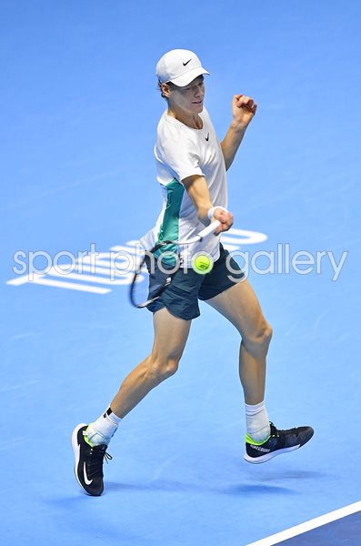 Jannik Sinner Italy forehand v Novak Djokovic ATP Finals Turin 2023