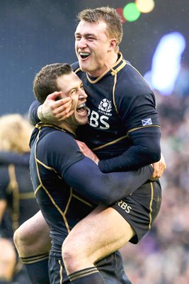 Stuart Hogg & Tim Visser celebrate Scotland win v Ireland 2013