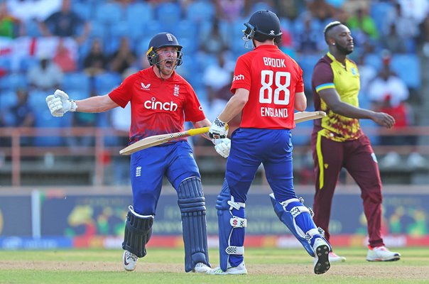 Phil Salt & Harry Brook England celebrate victory v West Indies 3rd T20I Grenada 2023