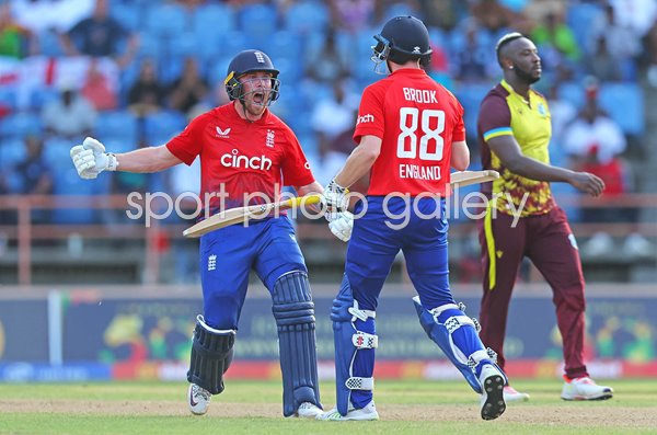 Phil Salt & Harry Brook England celebrate victory v West Indies 3rd T20I Grenada 2023