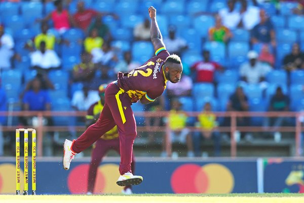 Andre Russell West Indies bowls v England 3rd T20I Grenada 2023