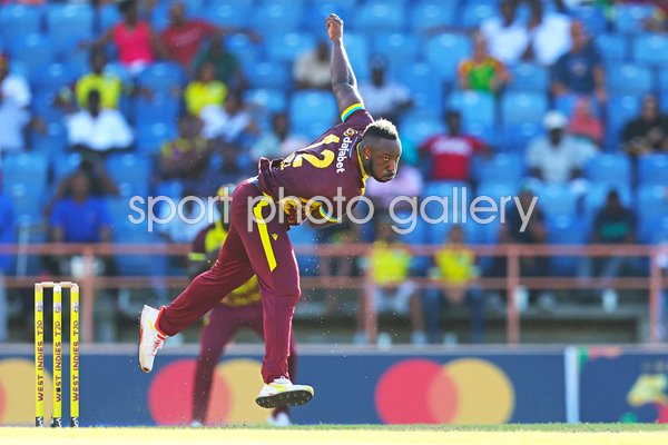 Andre Russell West Indies bowls v England 3rd T20I Grenada 2023