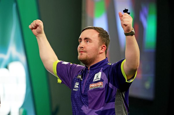 Luke Littler England celebrates win v Raymond van Barneveld World Darts 2024