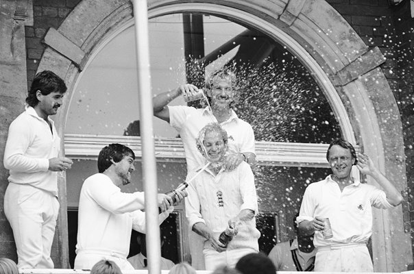 Captain David Gower celebrates England Ashes win Oval 1985