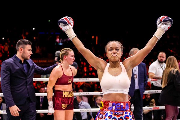 Natasha Jonas celebrates win v Mikaela Mayer World Welterweight Fight Liverpool 2024