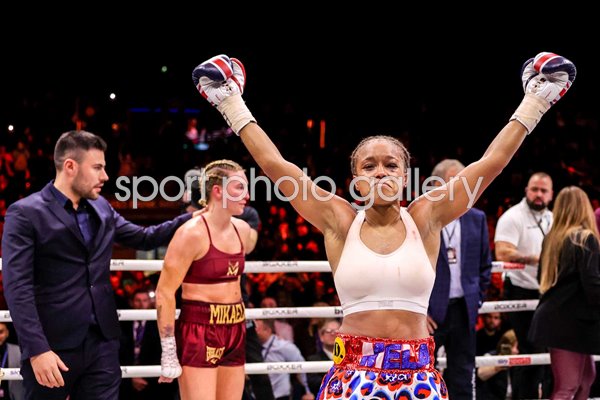 Natasha Jonas celebrates win v Mikaela Mayer World Welterweight Fight Liverpool 2024
