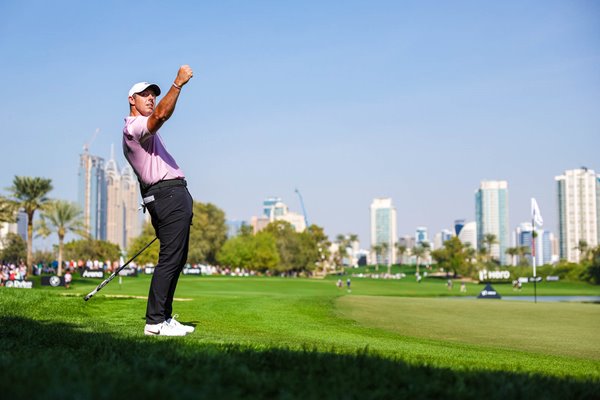 Rory McIlroy celebrates Eagle Putt 18th Green Round 3 Dubai Desert Classic 2024