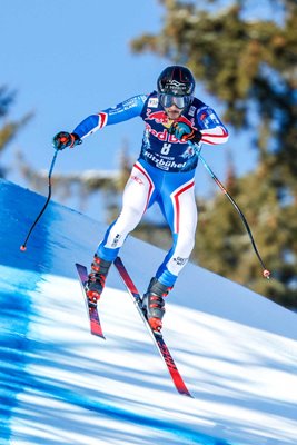 Cyprien Sarrazin France flies Downhill Ski World Cup Kitzbuehel Austria 2024