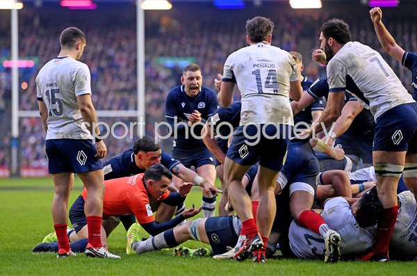 Referee Nic Berry signals held up Scotland v France Murrayfield Six Nations 2024