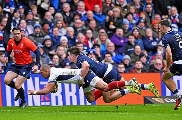 Gael Fickou of France scores v Scotland Murrayfield Six Nations 2024