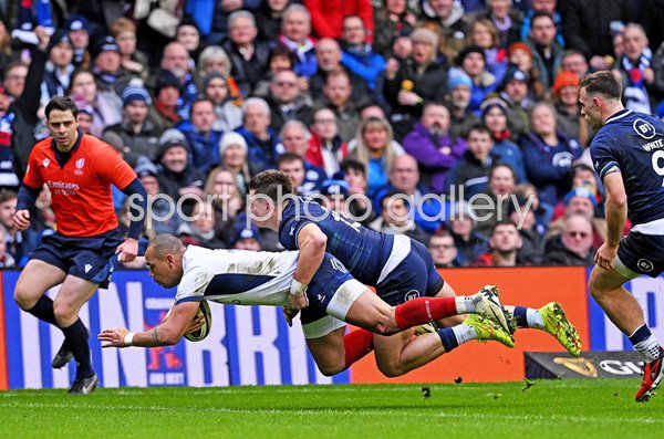 Gael Fickou of France scores v Scotland Murrayfield Six Nations 2024
