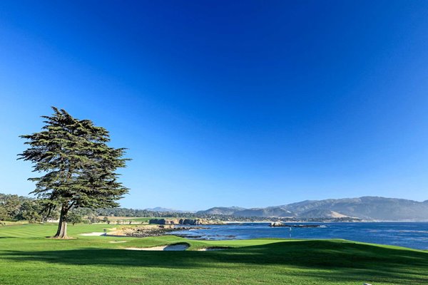 View from behind Par 5 18th hole Pebble Beach Golf Links California USA