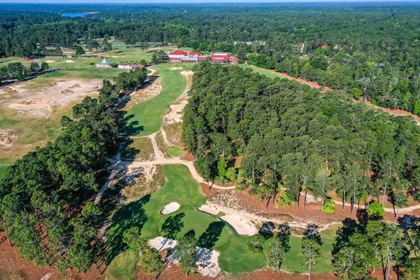 Aerial view 17th and 18th holes with clubhouse Pinehurst No2 Course North Carolina USA
