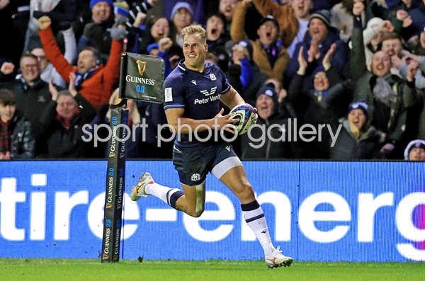 Duhan van der Merwe Scotland scores his 3rd try v England Six Nations 2024