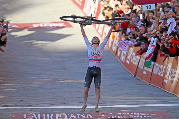 Tadej Pogacar Slovenia Finish Line Celebration Strade Bianche 2024